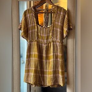 Anthropologie Plaid Mini Dress small cotton cottage core